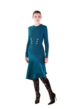 New Versace Petrol Blue Silk Military Inspired Dress