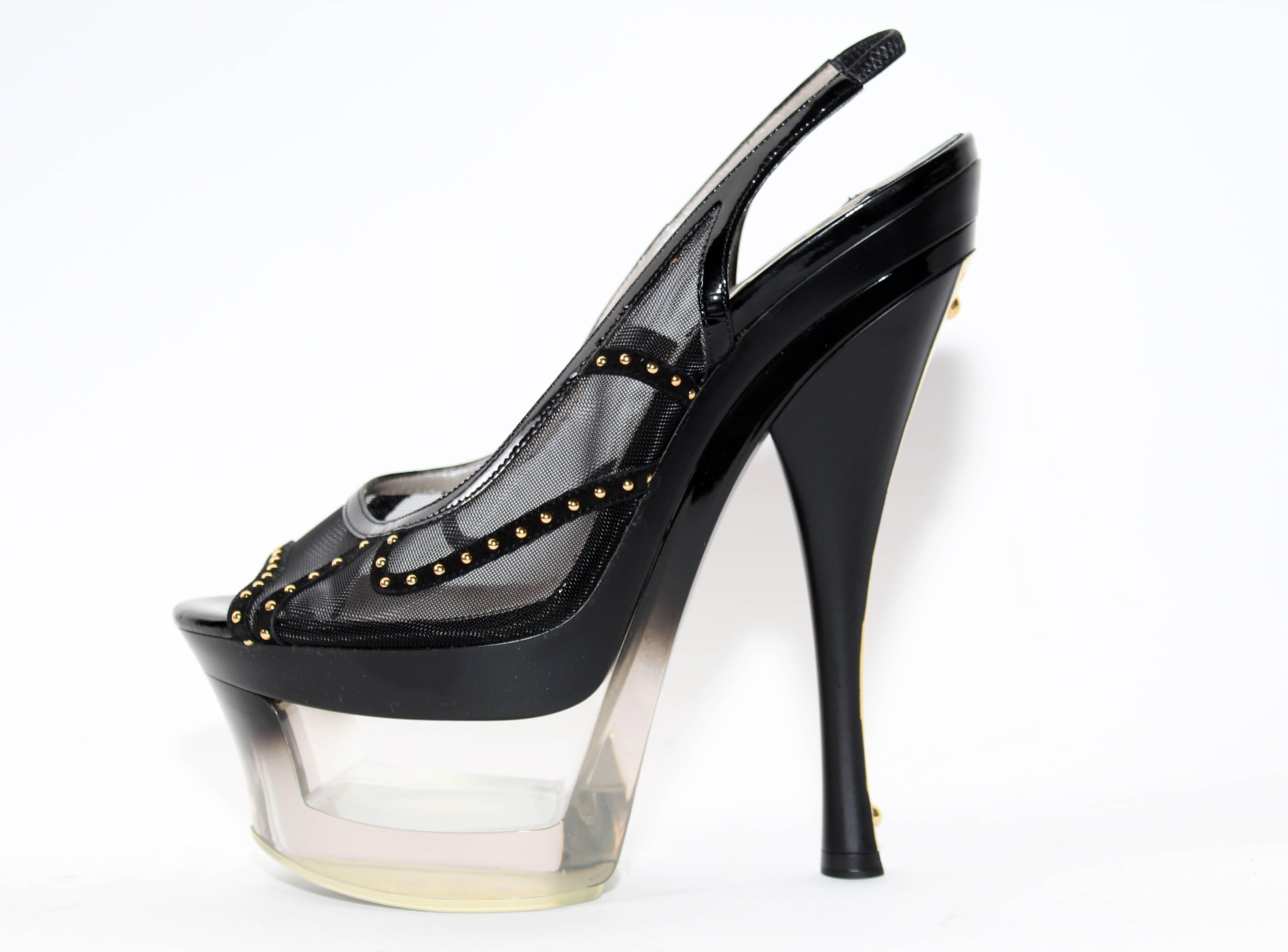 Black Versace New Studded Leather Mesh Plexiglass-Platform Sandals