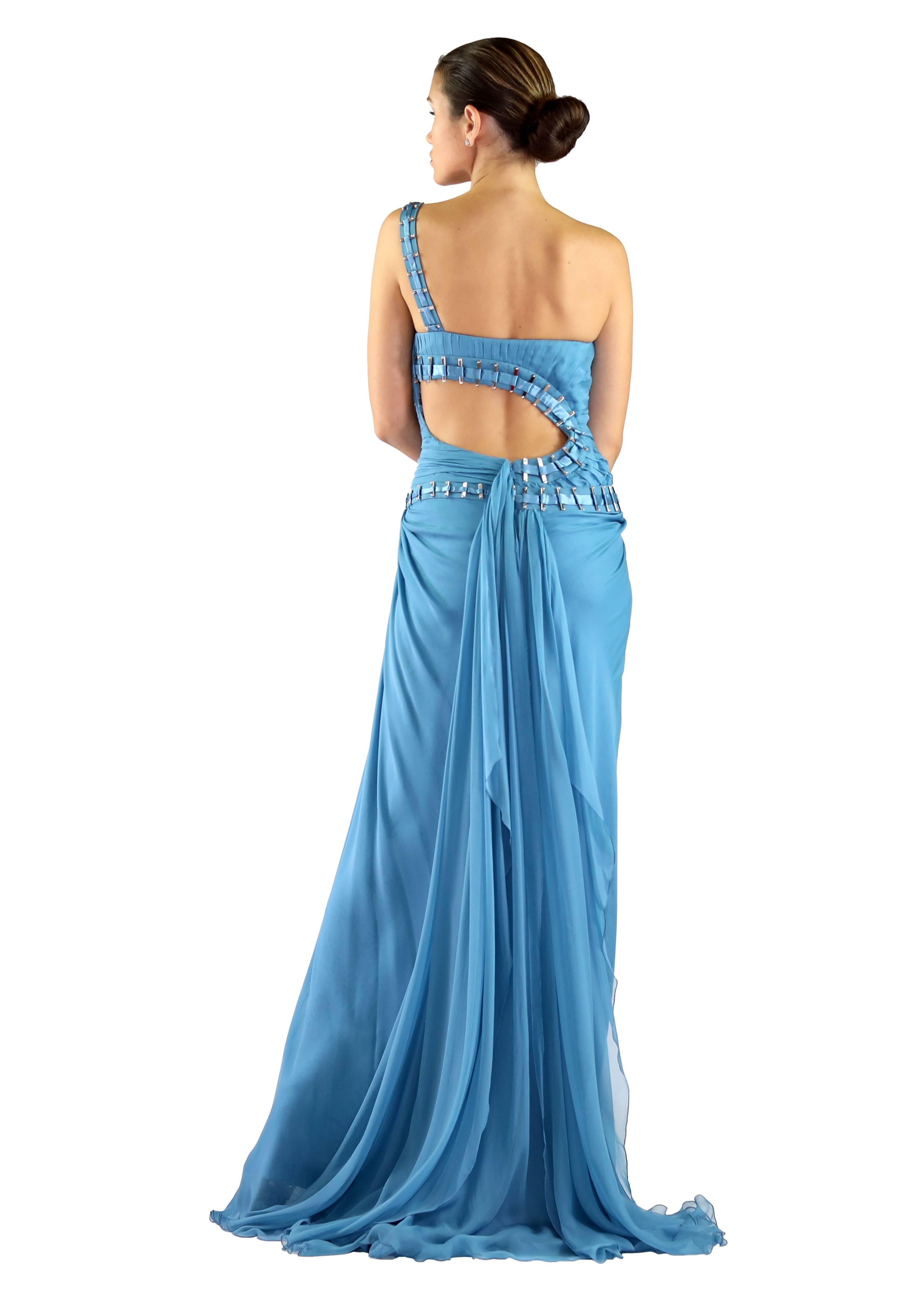 Versace One Shoulder Blue Silk Gown as seen on Donatella 38 - 2; 44 - 8 For Sale 1