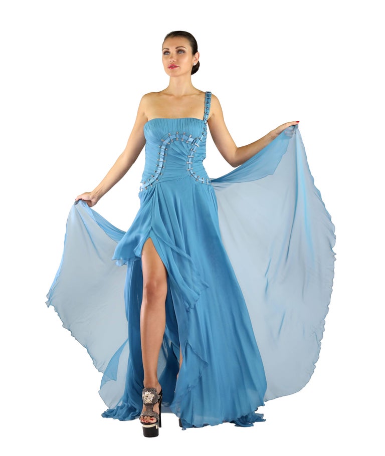 Versace One Shoulder Blue Silk Gown as seen on Donatella 38 - 2; 44 - 8 For  Sale at 1stDibs | versace dress sale, versace 2005 fall blue dress, versace  fall 2005 blue dress