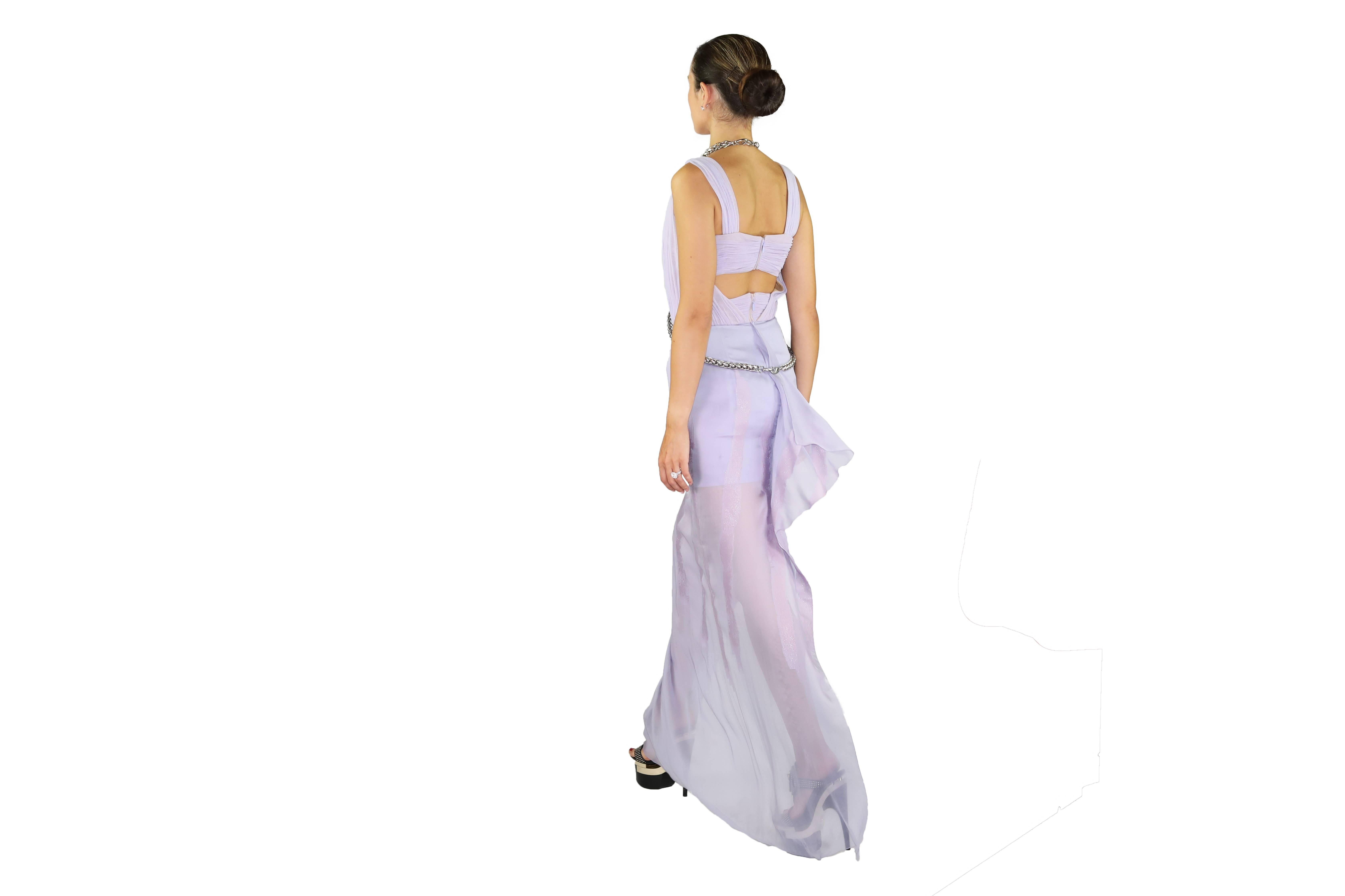 New VERSACE Lilac Chiffon Long Dress with Medusa Chains 38 8