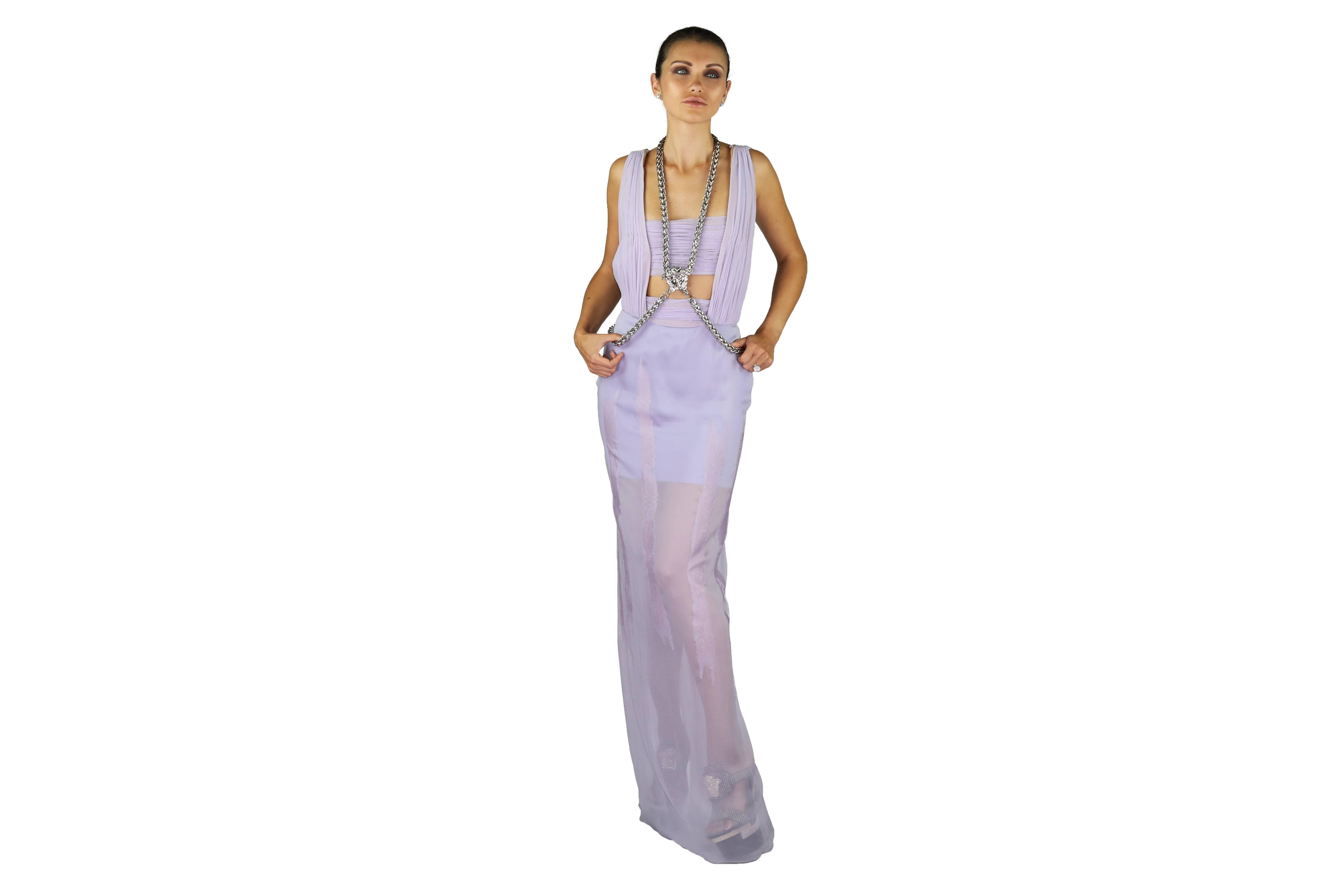 New VERSACE Lilac Chiffon Long Dress with Medusa Chains 38 4