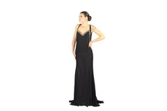 New VERSACE BLACK CHIFFON SILK DRESS GOWN with LACE and CHAINS