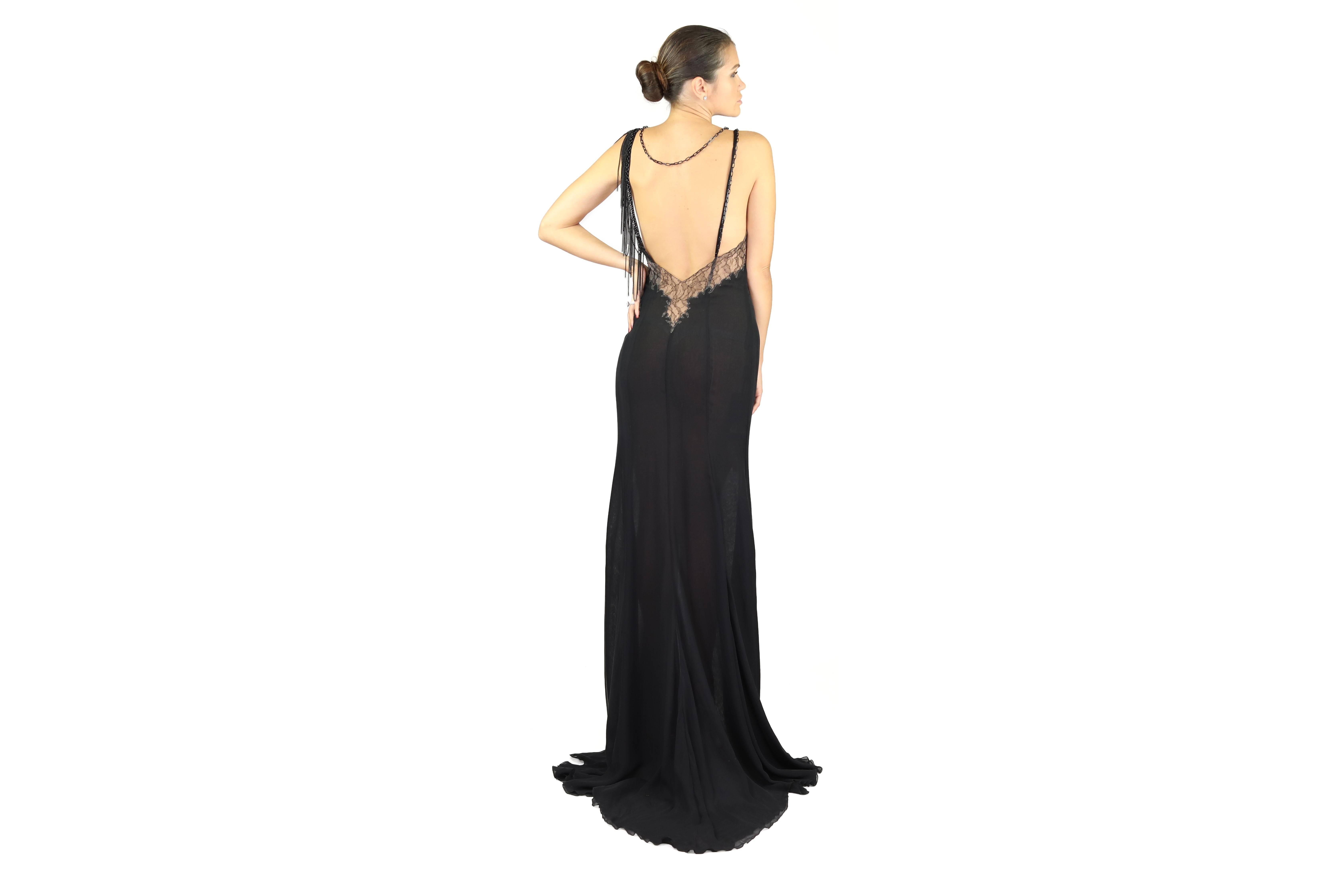 Black New VERSACE BLACK CHIFFON SILK DRESS GOWN with LACE and CHAINS 