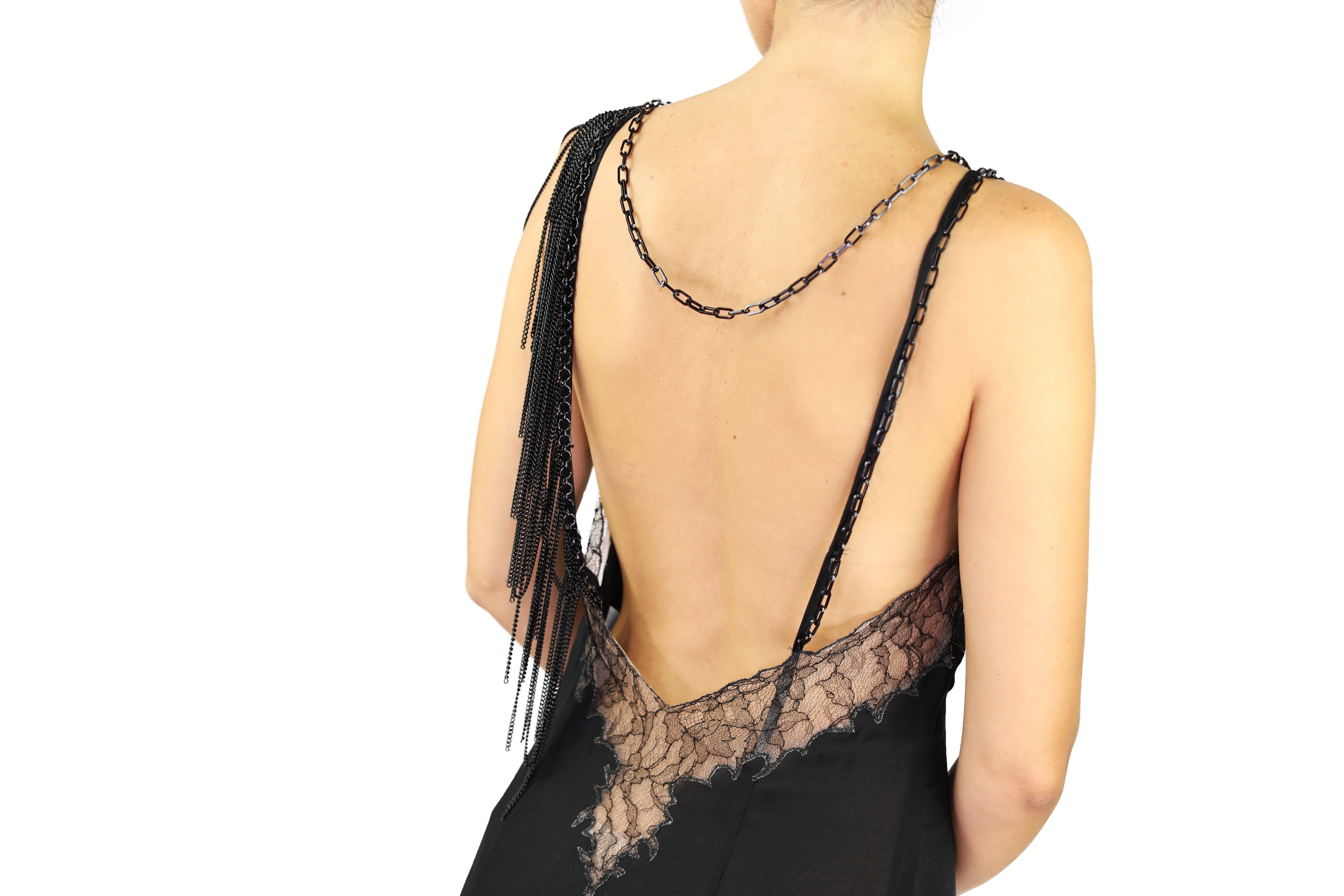 New VERSACE BLACK CHIFFON SILK DRESS GOWN with LACE and CHAINS  1