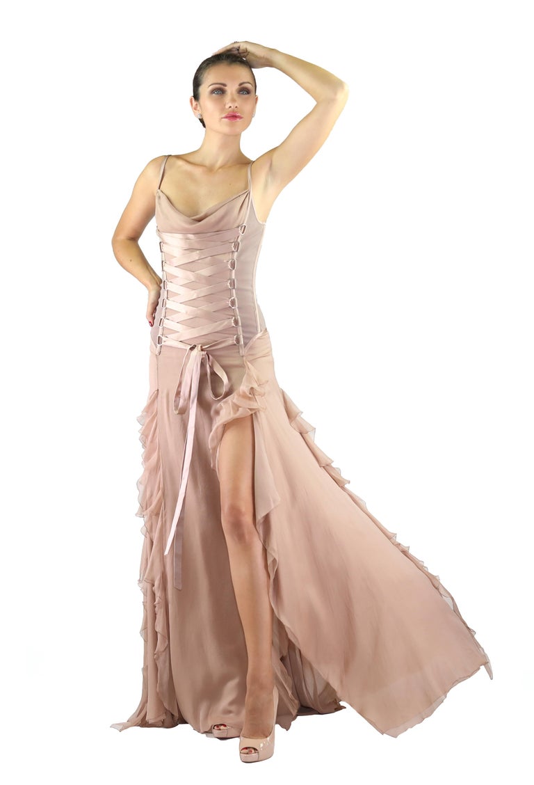 F/W 2003 Vintage VERSACE Nude Silk Corset Gown at 1stDibs | versace 2003 corset  dress, vintage versace corset dress, versace corset dress 2003