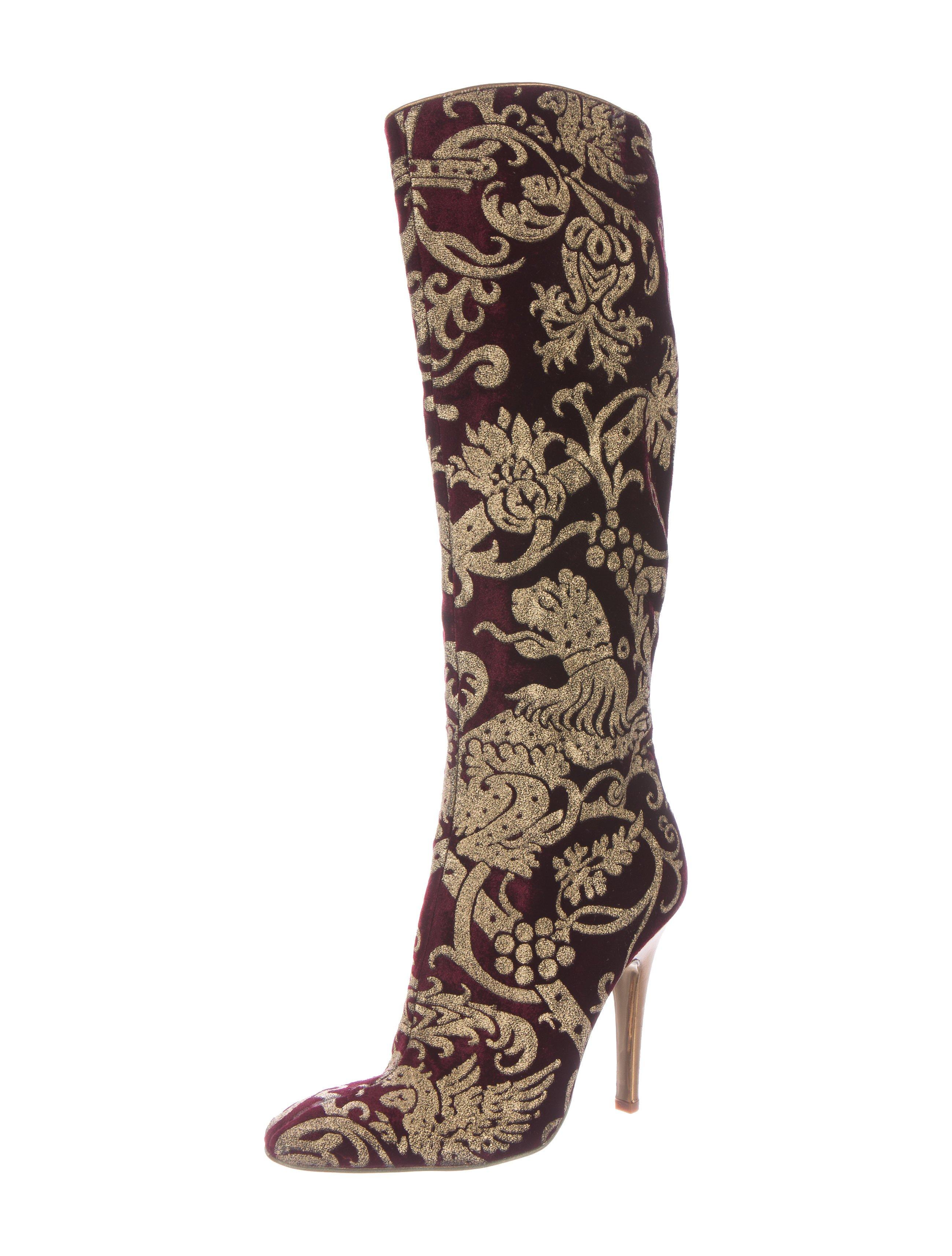 Brown ROBERTO CAVALLI  Burgundy Red Velvet Gold Brocade Boots