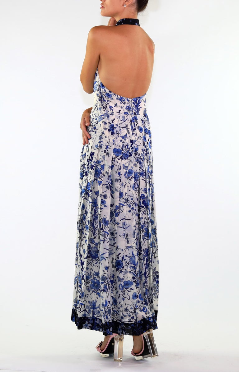 Gucci White and Blue Floral Print Silk Dress