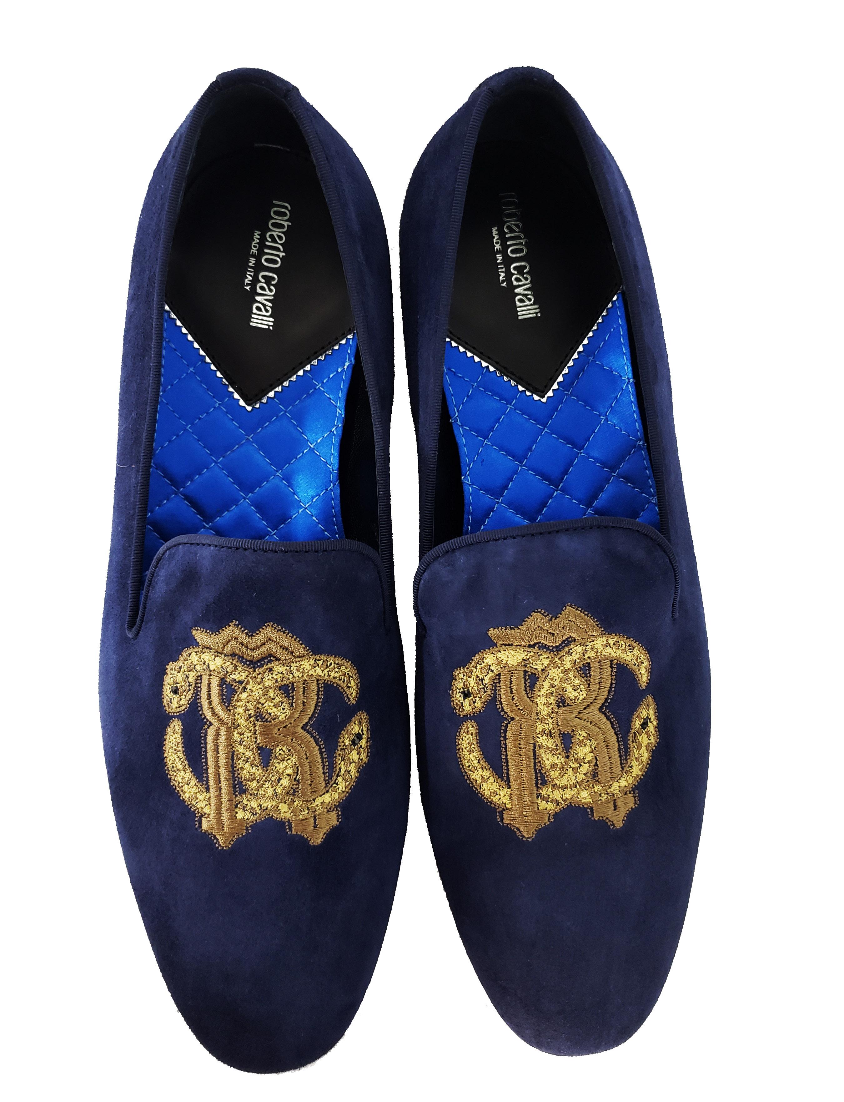 Black NEW ROBERTO CAVALLI NAVY SUEDE LEATHER LOAFERS with EMBROIDERED LOGO for MEN