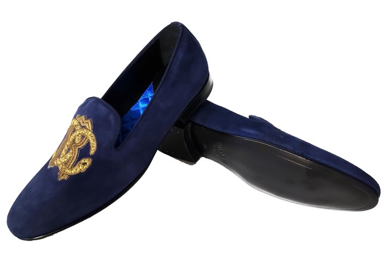 NEW ROBERTO CAVALLI NAVY SUEDE LEATHER LOAFERS with EMBROIDERED LOGO ...