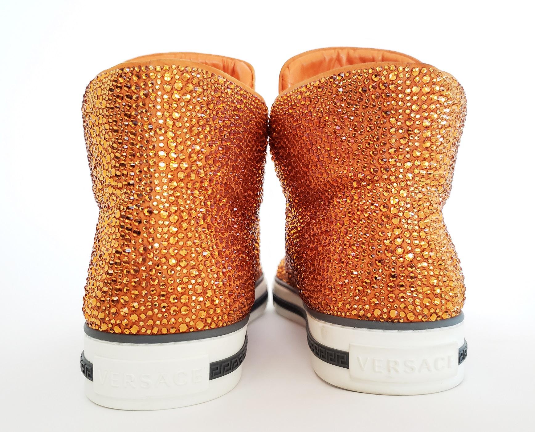 Versace Palazzo High -Top Crystal Embellished Sneakers in Orange In New Condition In Montgomery, TX