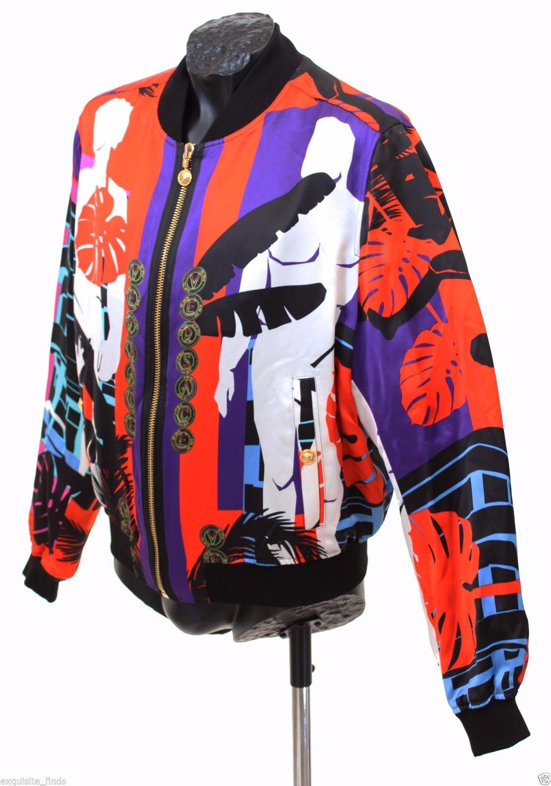 BRAND NEW VERSACE CUBA PRINT RED JACKET for MEN

This bomber jacket from Versace featuring iconic print on 100% Viscose, cotton ribbed neck, hem and cuffs, a gold-tone front zip fastening and hardware, medusa lining.

Black leather trim pockets with