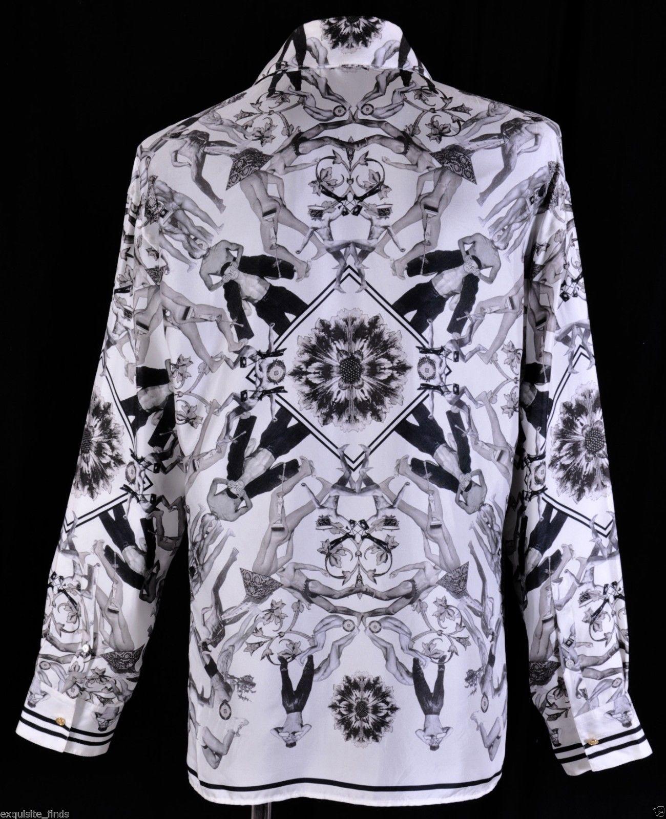 Gray NEW VERSACE 100% SILK SHIRT in ICONIC BLACK and WHITE PRINT for MEN