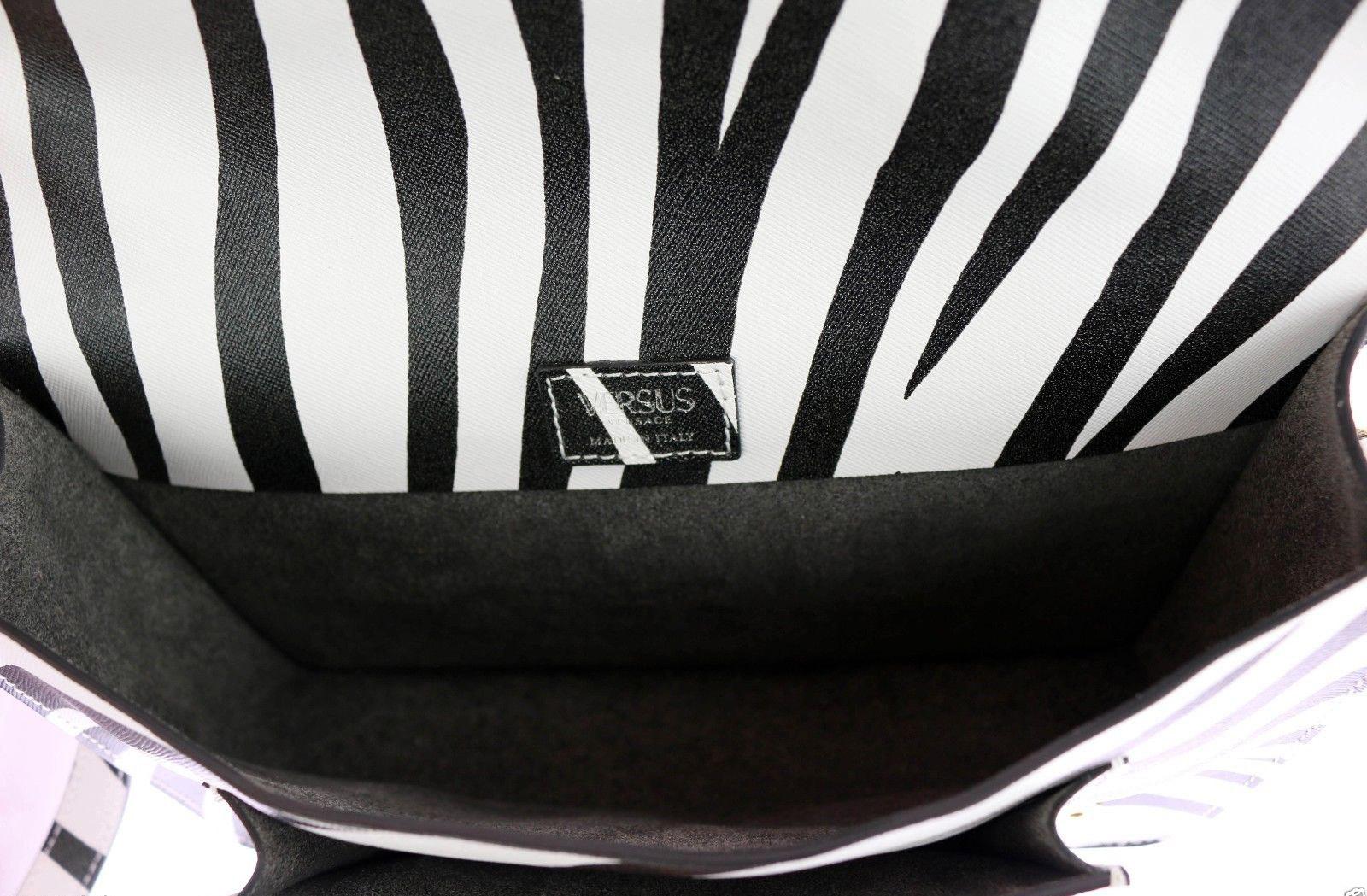 Gray VERSUS VERSACE Safety Pin Embellished Zebra print Saffiano Leather School Bag