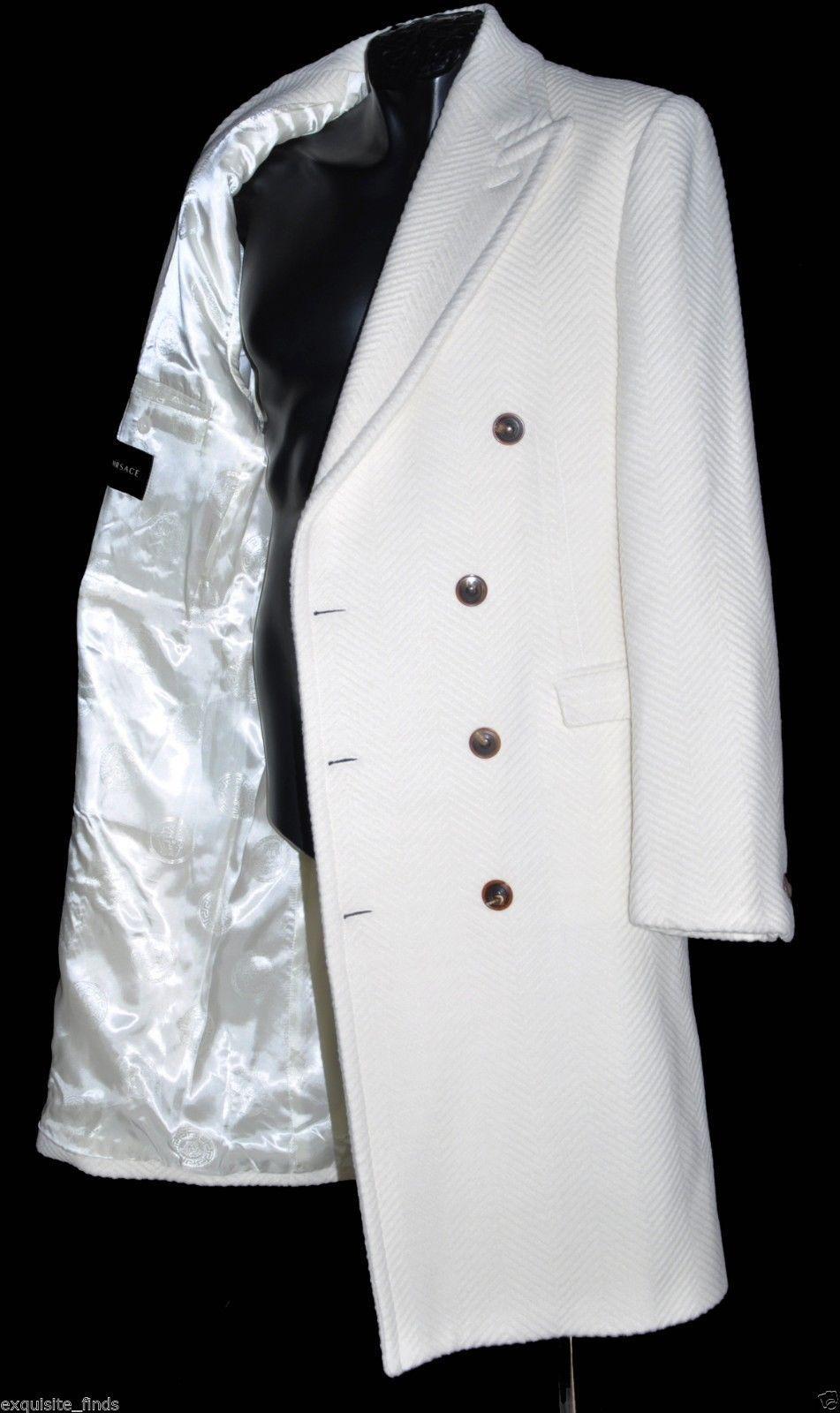 Men's NEW VERSACE WHITE HERRINGBONE WOOL ANGORA COAT for MEN 52 - 42