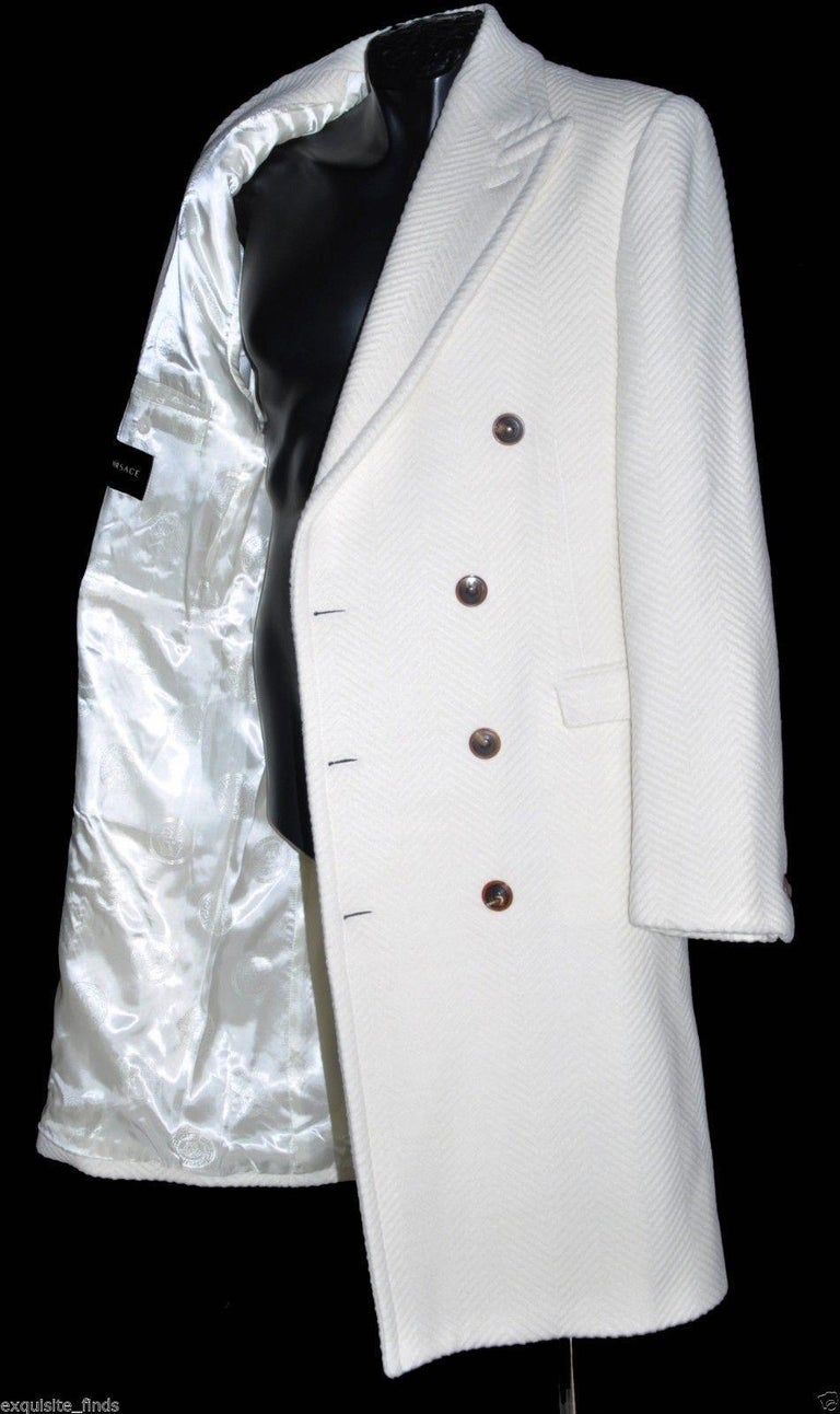NEW VERSACE WHITE HERRINGBONE WOOL ANGORA COAT for MEN For Sale at