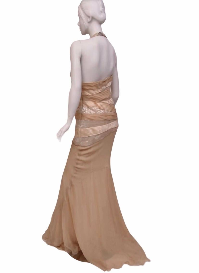 Women's F/W 2006 Look #55 VERSACE NUDE SEQUIN EMBELLISHED LONG DRESS GOWN 42 - 6 For Sale