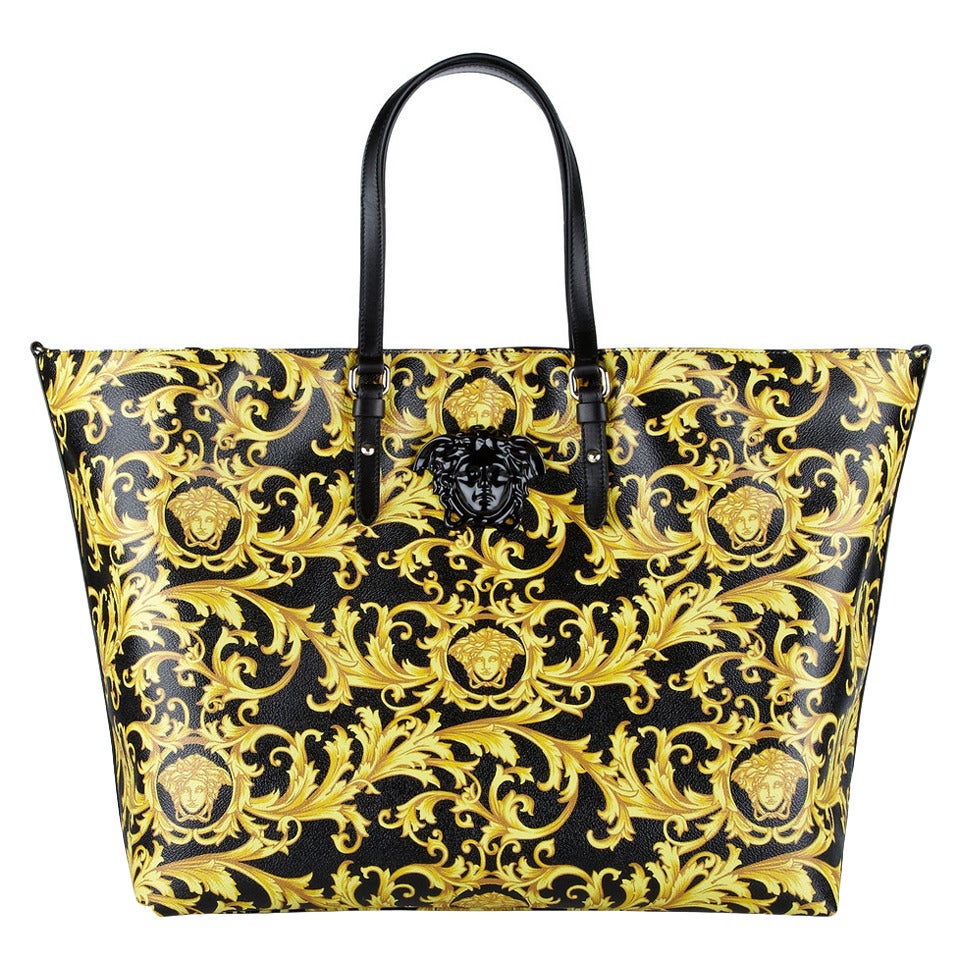 NEW Versace Black and Gold Baroque Printed Tote Bag with Medusa