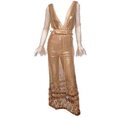New TOM FORD NUDE EMBELLISHED CHIFFON DRESS w/ GOLD SEQUIN PANTS 4