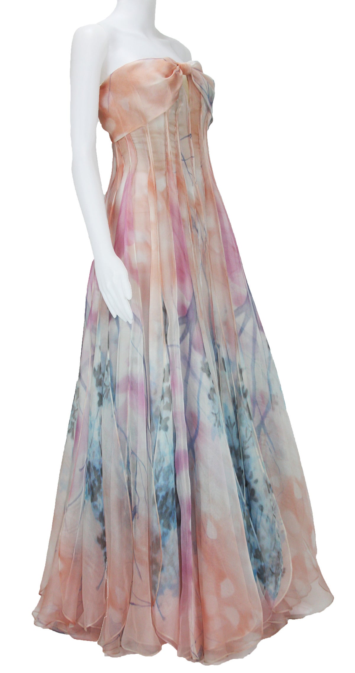 GIORGIO ARMANI Floral Print Silk Strapless Evening Gown In Excellent Condition In Montgomery, TX