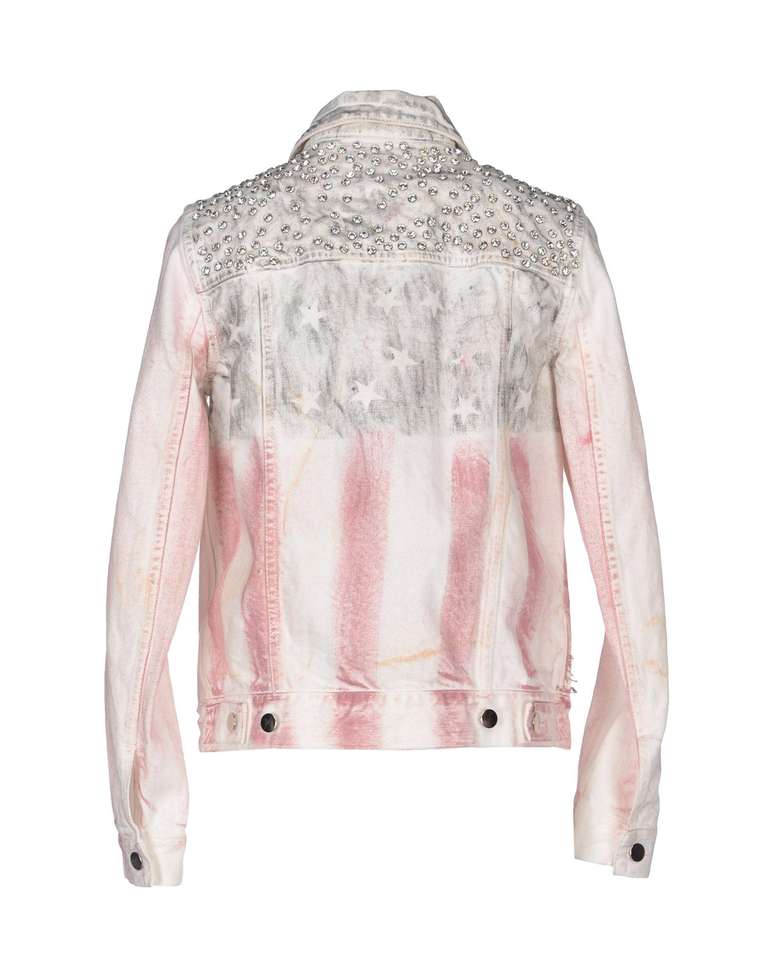 Balmain jacket: off-white distressed-denim, faded-gray and dusky-pink flag print, crystal-stud and silver safety-pin embellishment, flap pockets at chest, zip-fastening front pockets with chain-linked zip pulls, button-fastening cuffs. Button