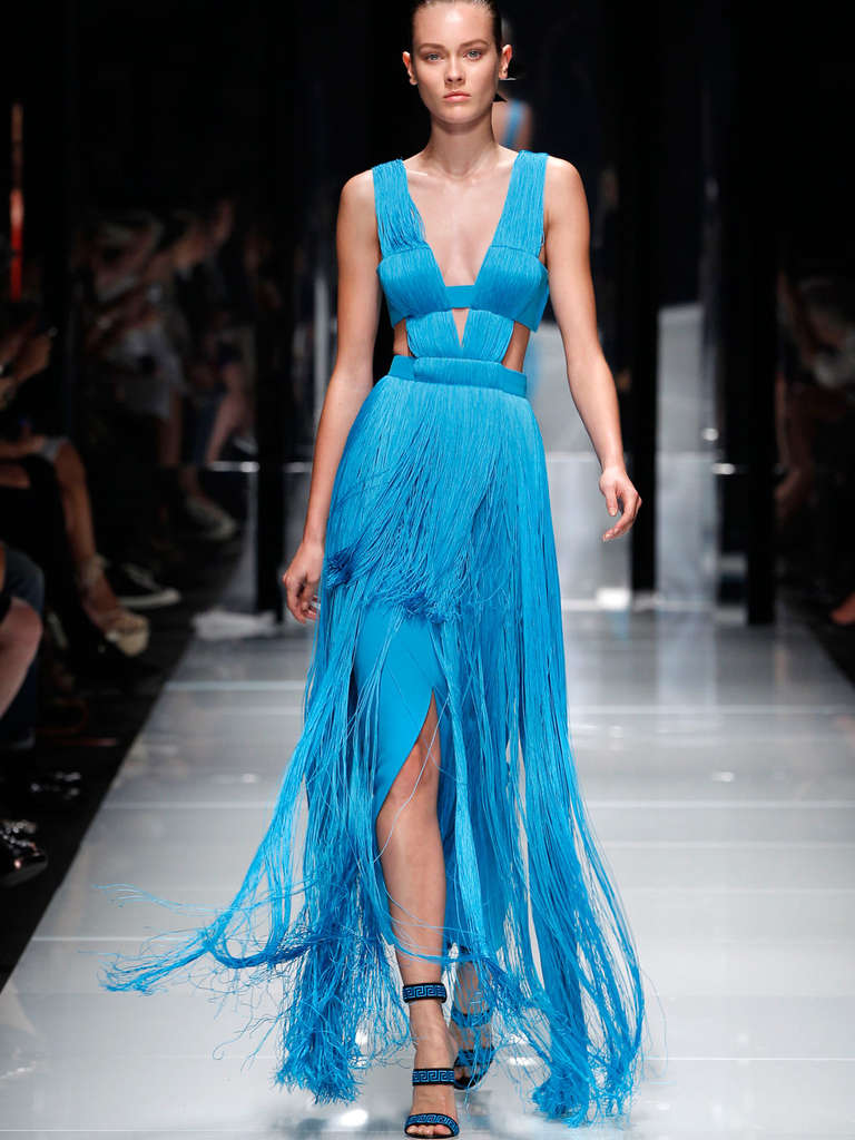 Versace Caribbean Blue Fringe Gown at 1stDibs | caribbean gown, versace ...