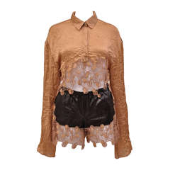 Versace Lace Hem Leather Shorts with Bell Sleeve Blouse