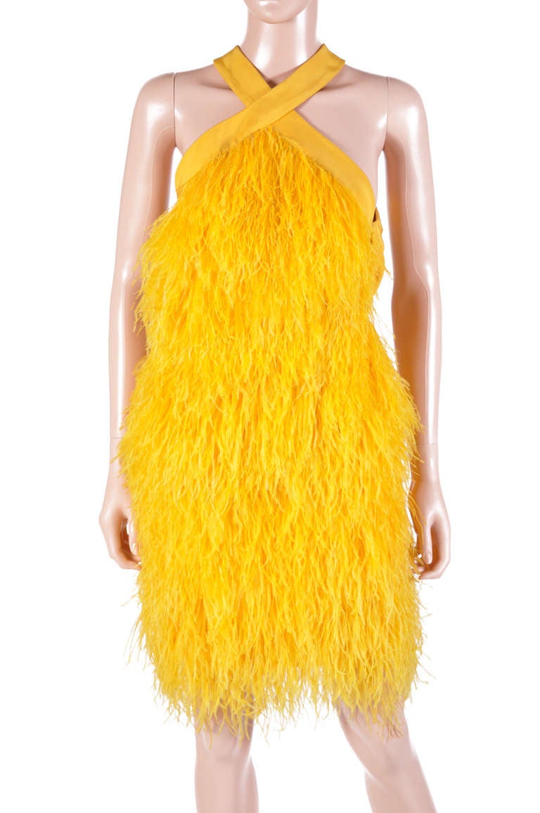 Versace Yellow Feather Dress In Excellent Condition In Montgomery, TX