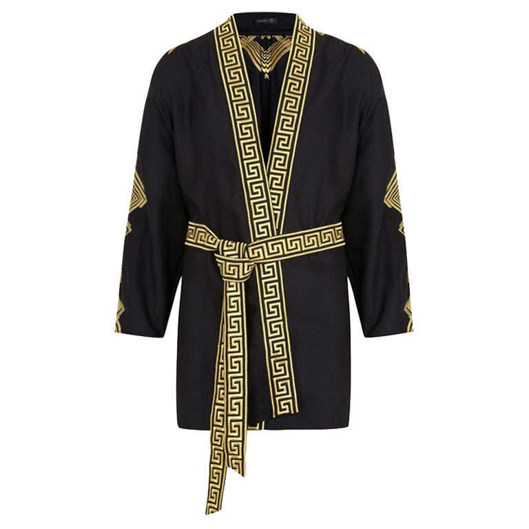 VERSACE Belted Embroidered Black Wool Blend Kimono Jacket