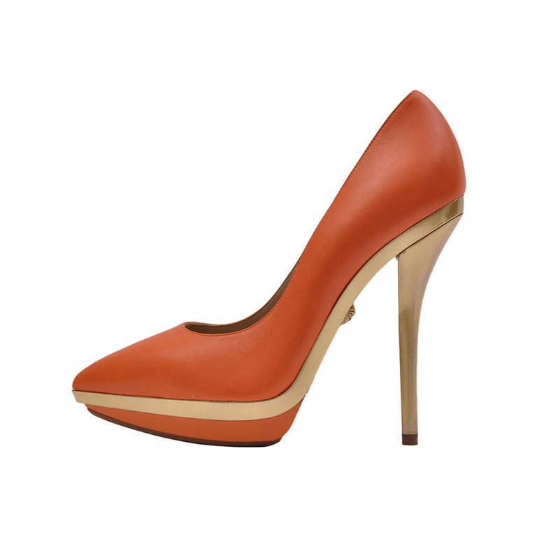 VERSACE Orange Leather Gold Platform Pumps Sz 38; 39 For Sale