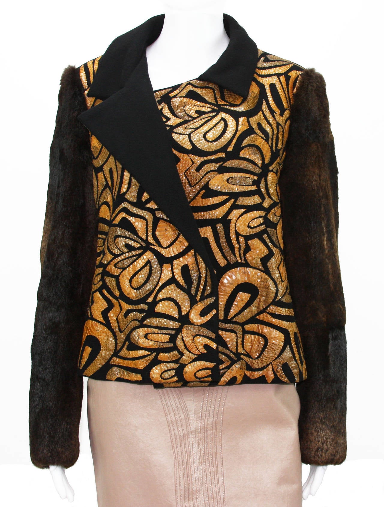NEW DRIES VAN NOTEN RUNWAY JACKET

COMPOSITION – WOOL, SNAKESKIN, RABBIT
COLORS – BLACK, YELLOW, BROWN
DOUBLE BREASTED OPEN FRONT
80% WOOL, 20% POLYESTER
REAL SNAKESKIN APPLIQUE
100% RABBIT FUR SLEEVE
FULLY LINED
Size 40
MEASUREMENTS FLAT: