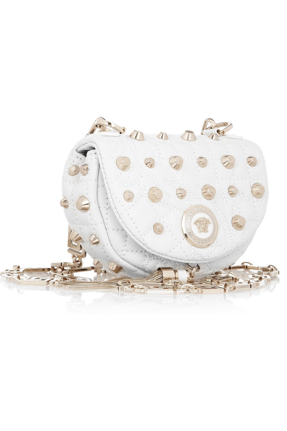VERSACE

Unmistakably Versace, this compact studded shoulder bag packs a glamorous punch. 

Embellished with the brand’s signature gold plaque, this high-octane style is ideal for dancing the night away hands-free. Or wear the strap like a