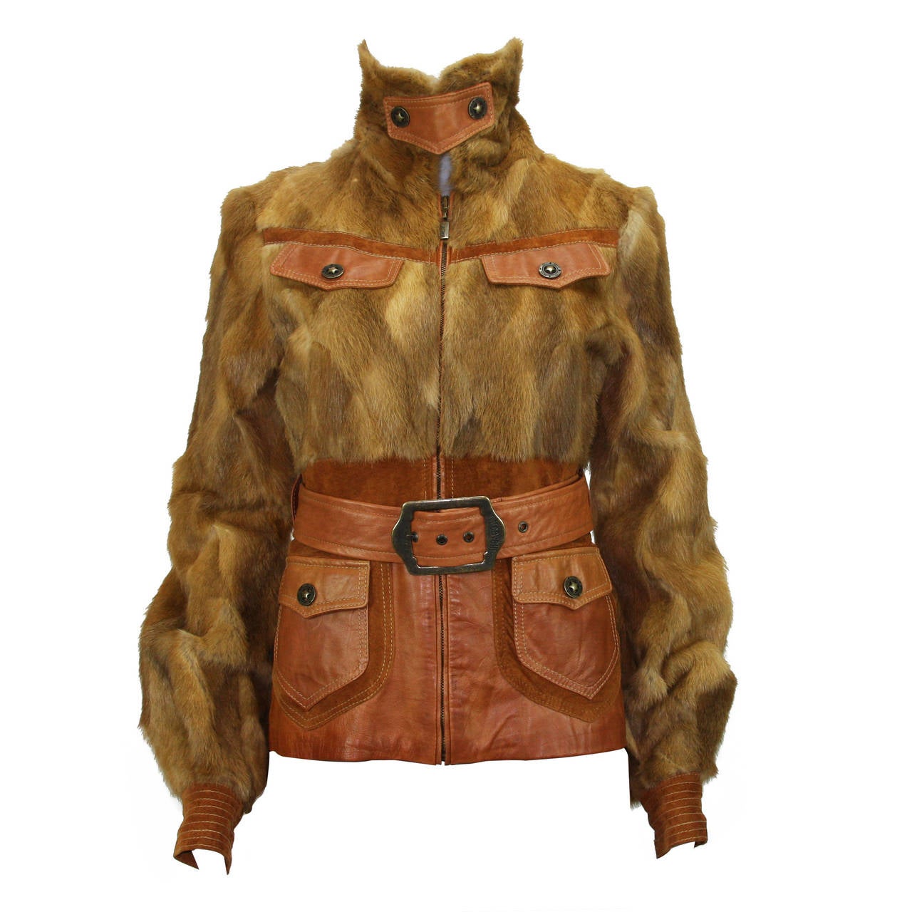 CAVALLI WEASEL FUR and LEATHER  BELTED JACKET