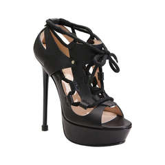 New VERSACE BLACK LACE UP LEATHER PLATFORM SANDALS 12