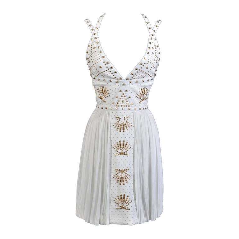 New VERSACE White Leather-trimmed studded plissé dress