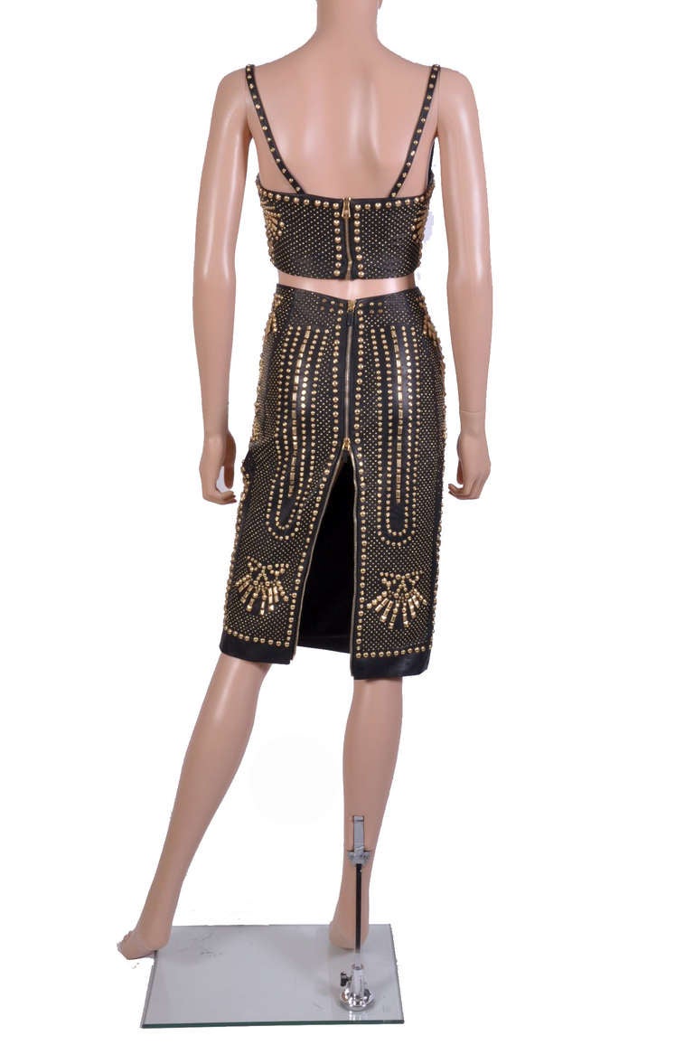 Women's New VERSACE Black Studded Leather Skirt and Bra-Top