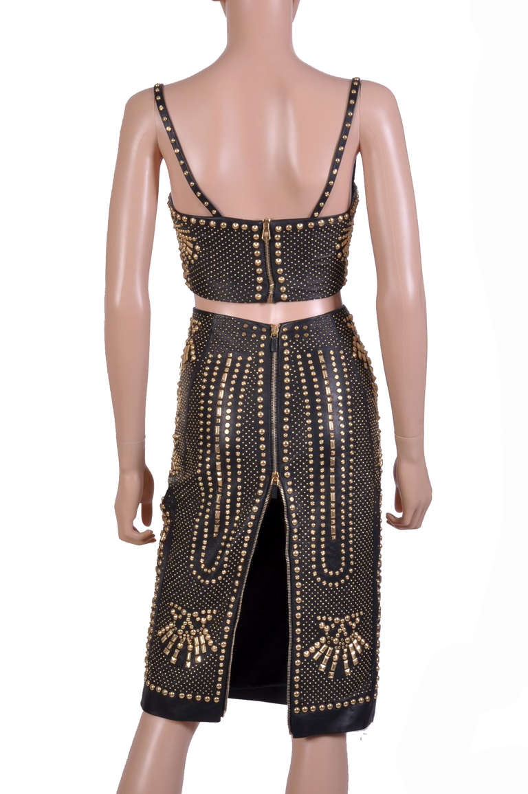 New VERSACE Black Studded Leather Skirt and Bra-Top In New Condition In Montgomery, TX