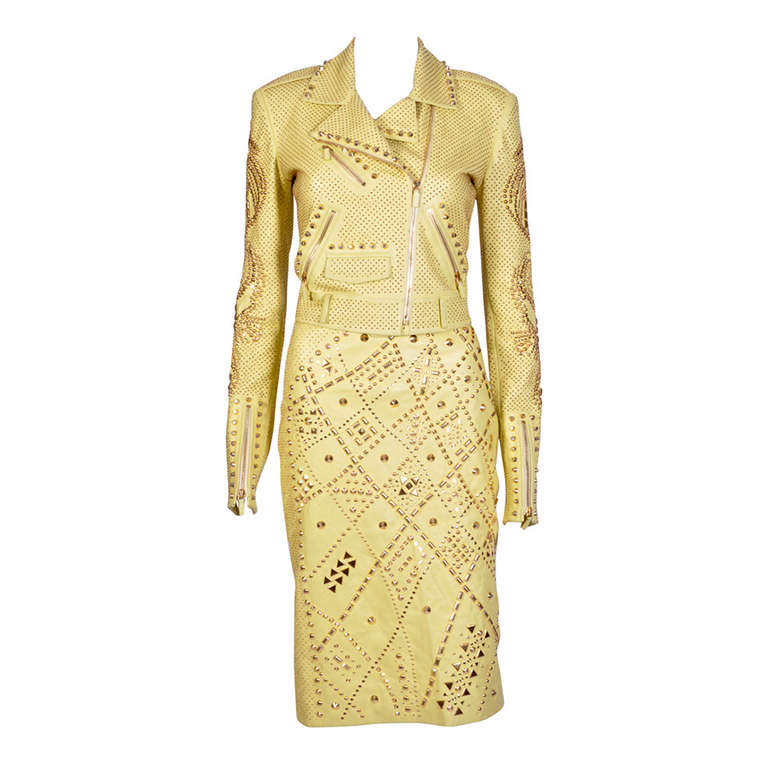 Versace Studded Yellow Leather Jacket and Skirt