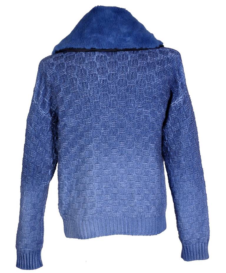 VERSACE BLUE 100% CASHMERE and BEAVER FUR MEN'S CARDIGAN In New Condition In Montgomery, TX