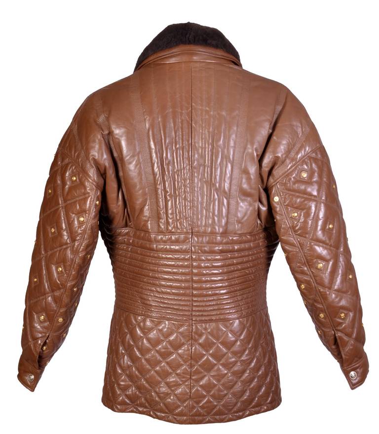 Men's New VERSACE CARAMEL BROWN QUILTED STUDDED LEATHER FUR JACKET
