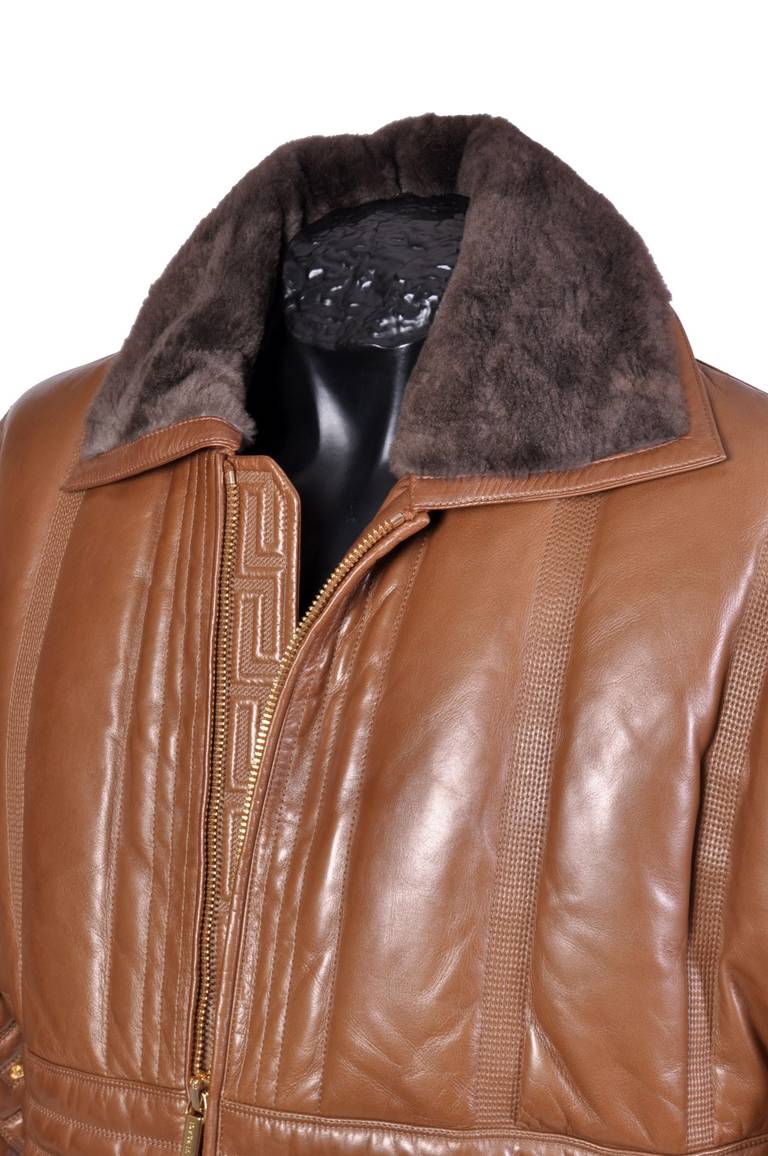 New VERSACE CARAMEL BROWN QUILTED STUDDED LEATHER FUR JACKET 1