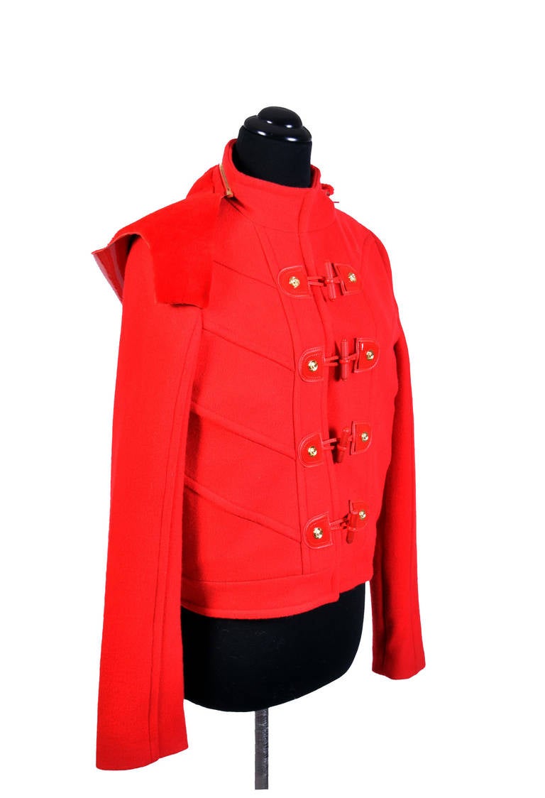 New VERSACE Red Wool Jacket with Shearling Fur Hood