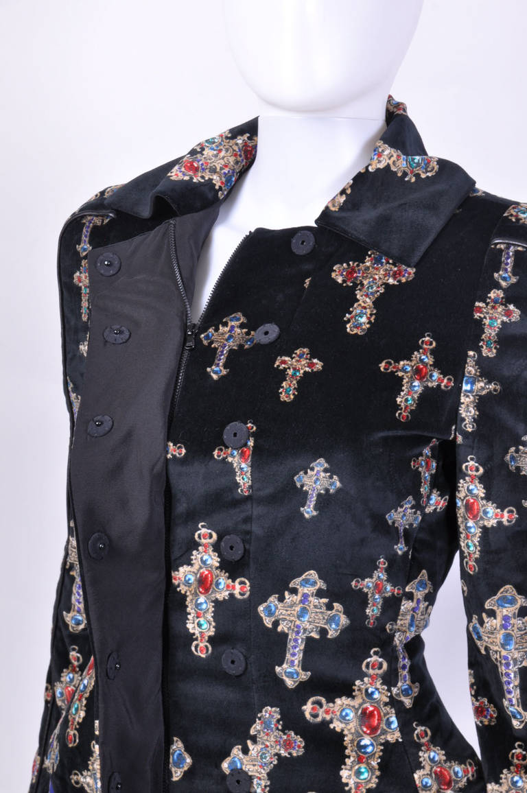 VERSACE Black Velvet Gothic Cross Print Flared Coat In New Condition In Montgomery, TX