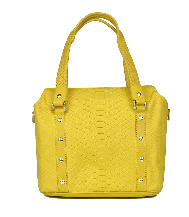 Versace bright yellow python shoulder bag. 

 Light-gold hardware, designer-stamped studded tab, 

a designer-stamped plaque and concealed magnetic snap fastenings, 

an internal zip-fastening pocket and is fully lined in white fabric.

12