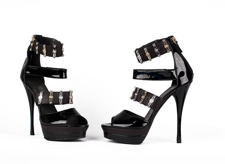 Women's New VERSACE Black Patent Leather Double Platform Sandals