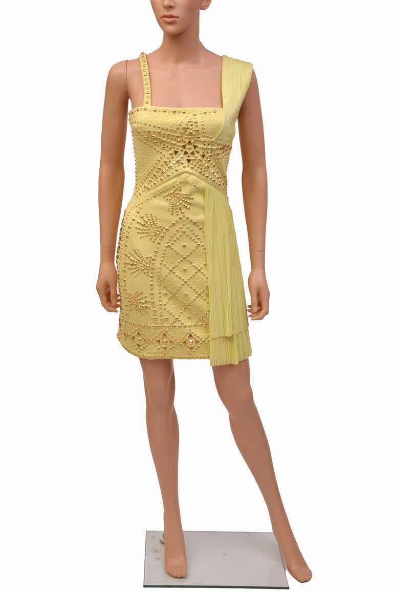 VERSACE Yellow studded plissé and scubajersey dress at 1stDibs
