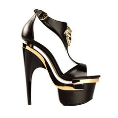 ERSACE Black Leather Triple Platform Shoes with Gold Medusa