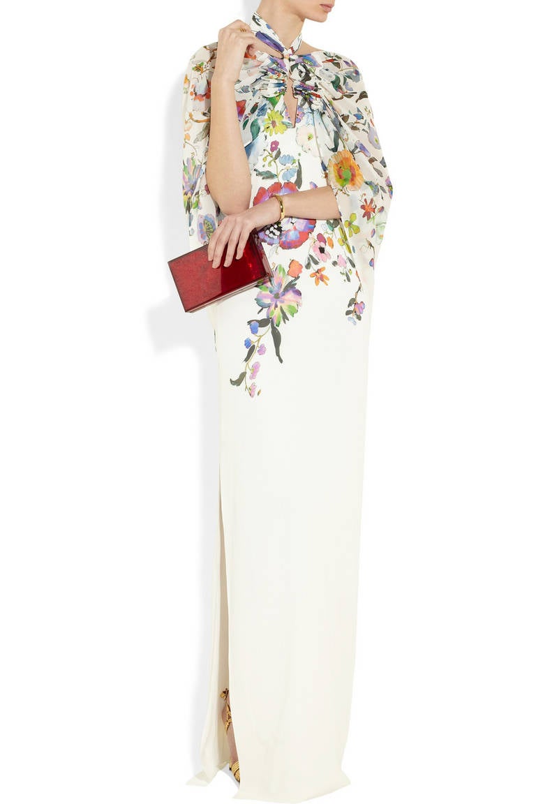 New ETRO RUNWAY WHITE FLORAL PRINT CAPED GOWN In New Condition In Montgomery, TX
