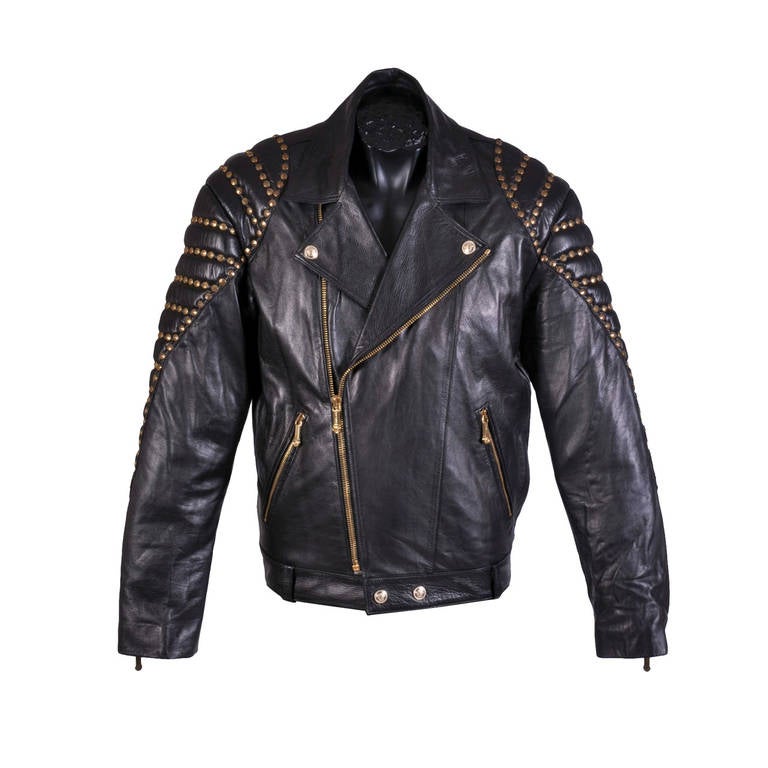 New VERSACE BLACK QUILTED STUDDED LEATHER BIKER JACKET