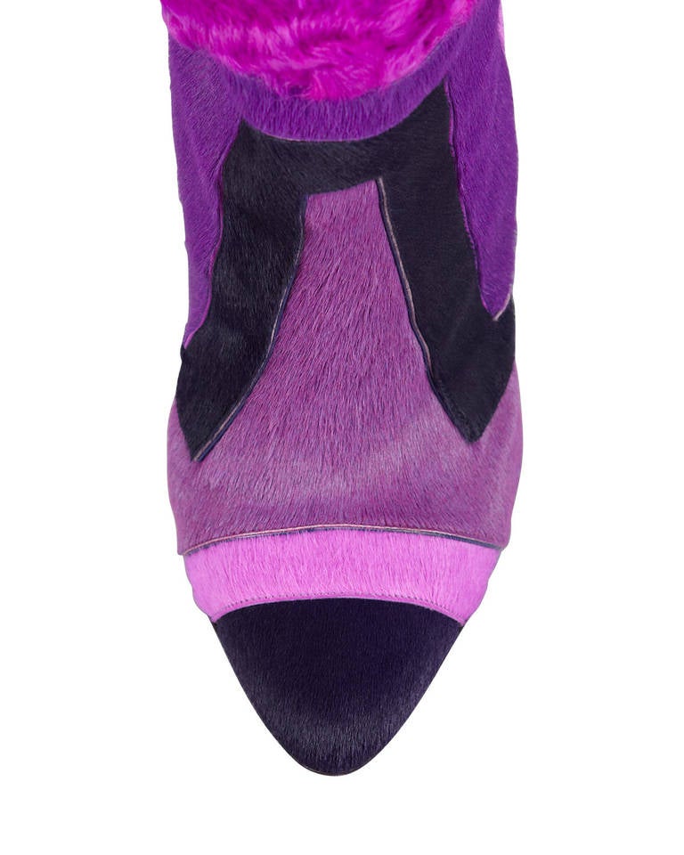 Purple Tom Ford Geometric Patchwork Fur Over-the-Knee Boots